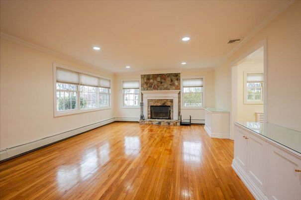 Empty room, Fireplace, Interior, Recessed Lighting, Wood Texture Flooring