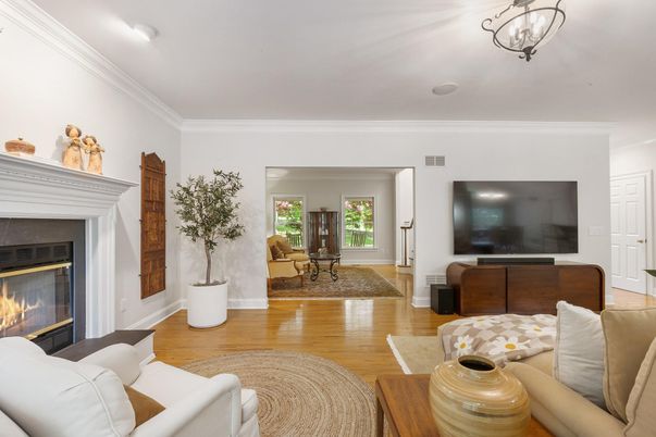 Dining room, Fireplace, Interior, Living room, Wood Texture Flooring