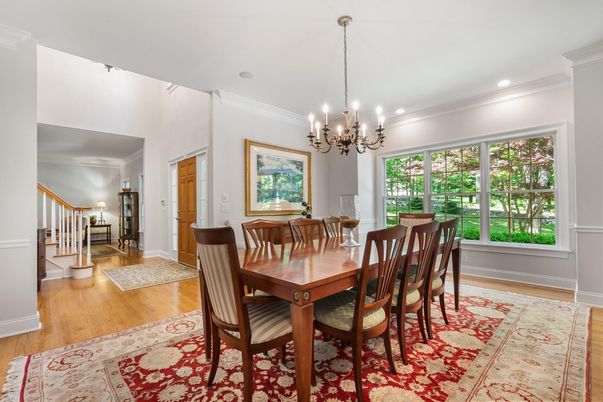 Chandelier, Dining room, Interior, Recessed Lighting, Wood Texture Flooring