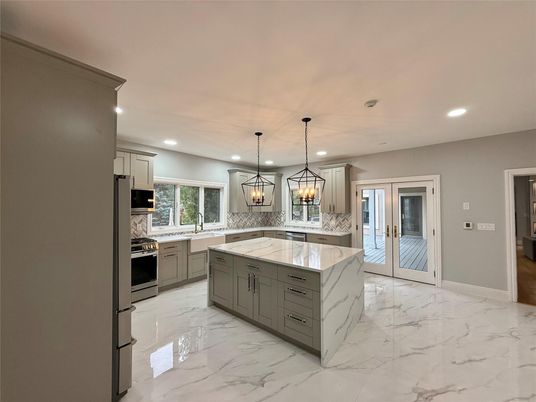 Interior, Kitchen, Marble, Pendant Lights, Recessed Lighting, Stainless Steel Appliances