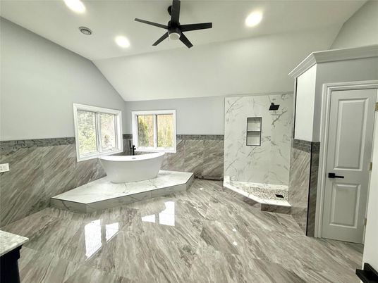 Bathroom, Free Standing Baths, Glass Shower, Interior, Marble, Marble Walls, Recessed Lighting