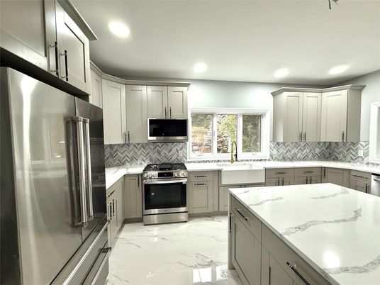 Interior, Kitchen, Marble, Recessed Lighting, Stainless Steel Appliances