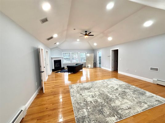 Empty room, Fireplace, Interior, Recessed Lighting, Wood Texture Flooring