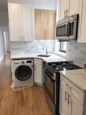 Interior, Kitchen, Marble Walls, Washer, Wood Texture Flooring