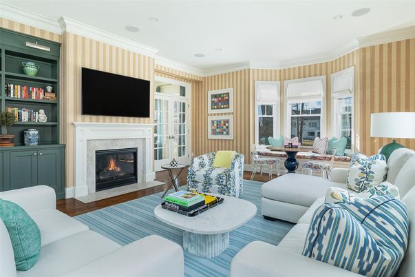 Dining room, Fireplace, Interior, Living room, Recessed Lighting, Wood Texture Flooring