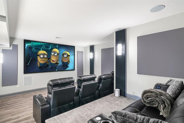 Home Theatre Room, Interior, Projection Screen, Theatre Room, Wood Texture Flooring