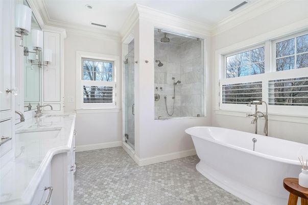 Bathroom, Free Standing Baths, Glass Shower, Interior, Marble Walls, Recessed Lighting