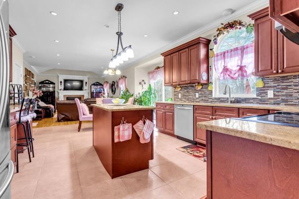 Dining room, Fireplace, Interior, Kitchen, Living room, Pendant Lights, Recessed Lighting, Stainless Steel Appliances