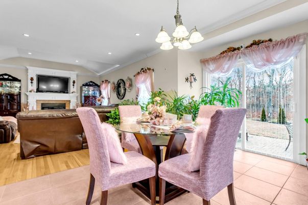 Chandelier, Dining room, Fireplace, Interior, Living room, Recessed Lighting, Wood Texture Flooring