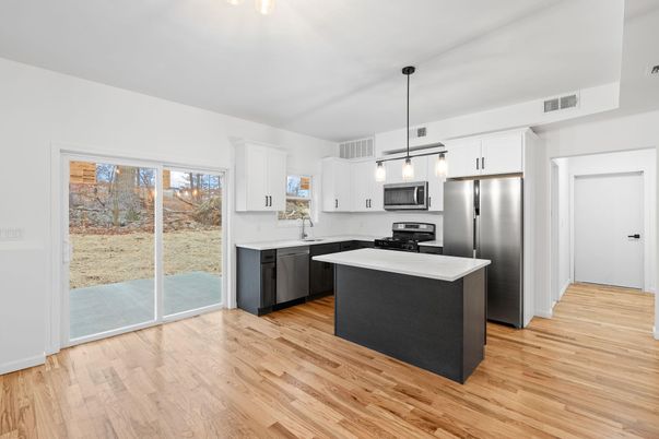 Interior, Kitchen, Pendant Lights, Stainless Steel Appliances, Wood Texture Flooring