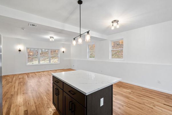 Empty room, Interior, Pendant Lights, Wood Texture Flooring