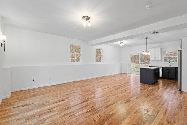 Empty room, Interior, Kitchen, Pendant Lights, Wood Texture Flooring