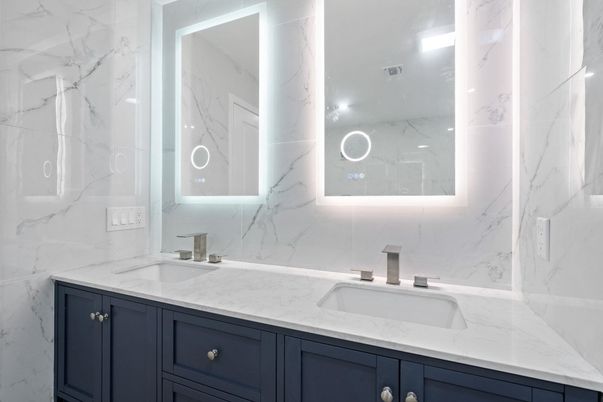 Bathroom, Dual Sink Vanities, Glass Shower, Interior, Marble Walls