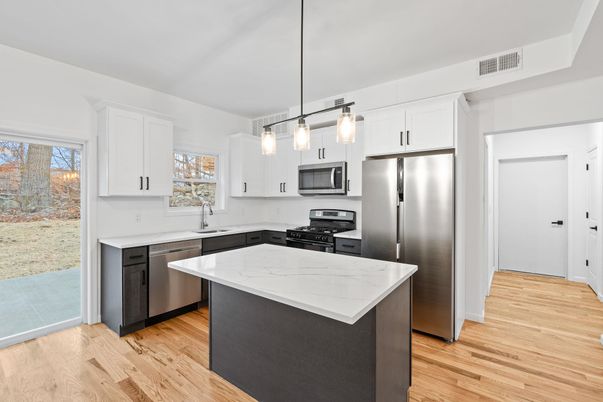 Interior, Kitchen, Pendant Lights, Stainless Steel Appliances, Wood Texture Flooring