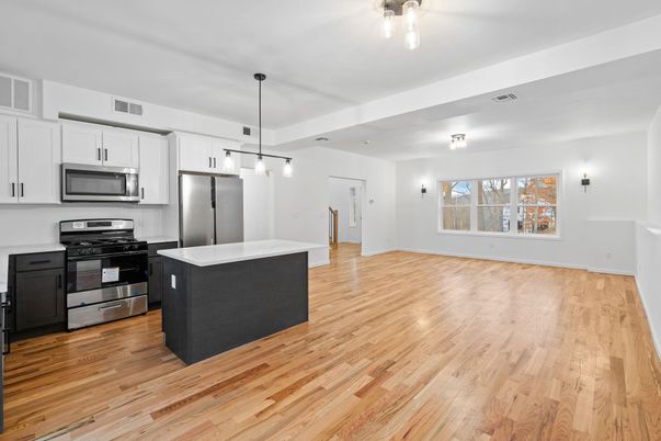 Interior, Kitchen, Pendant Lights, Stainless Steel Appliances, Wood Texture Flooring