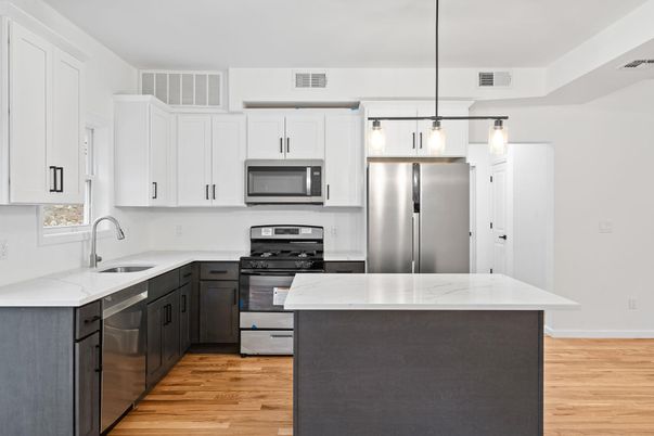 Interior, Kitchen, Pendant Lights, Stainless Steel Appliances, Wood Texture Flooring