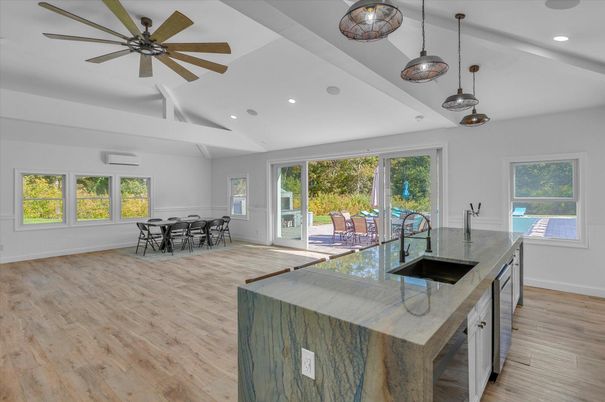 Dining room, Interior, Kitchen, Pendant Lights, Recessed Lighting, Wood Texture Flooring