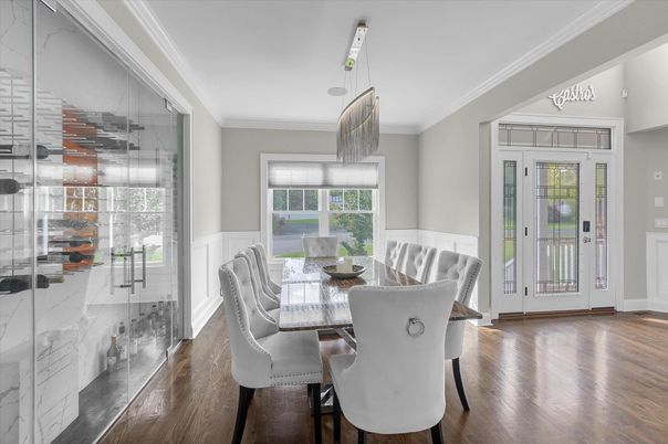 Dining room, Interior, Pendant Lights, Wood Texture Flooring