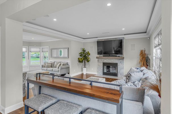 Fireplace, Interior, Living room, Recessed Lighting, Wood Texture Flooring