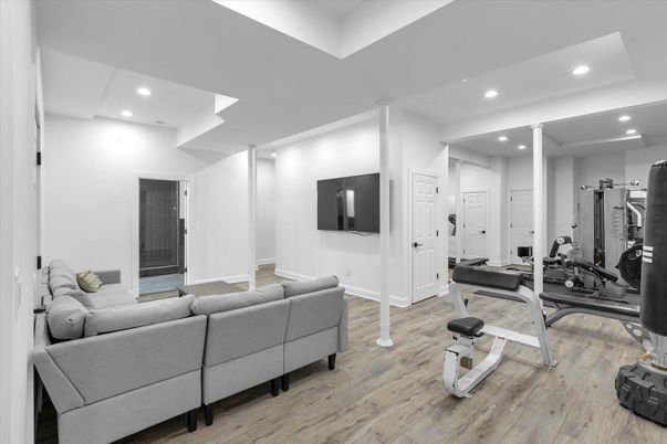 Fitness Equipment, Home Office, Interior, Recessed Lighting, Wood Texture Flooring