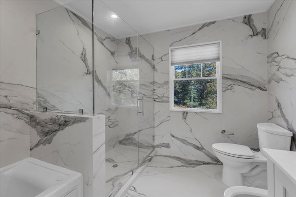 Bathroom, Glass Shower, Interior, Marble, Marble Walls, Recessed Lighting