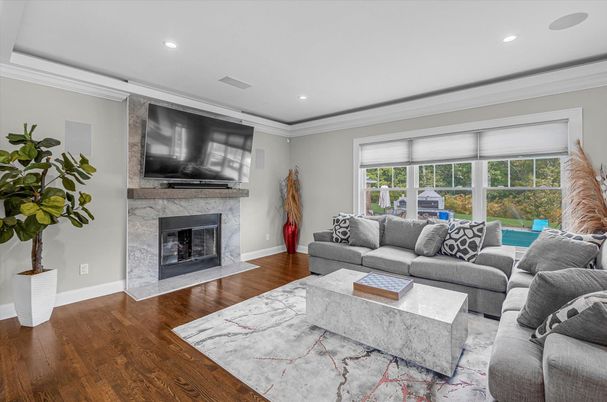 Fireplace, Interior, Living room, Recessed Lighting, Wood Texture Flooring