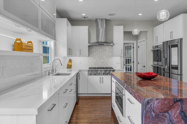 Interior, Kitchen, Pendant Lights, Recessed Lighting, Stainless Steel Appliances, Wood Texture Flooring