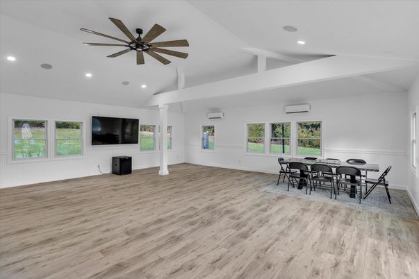 Dining room, Interior, Recessed Lighting, Wood Texture Flooring