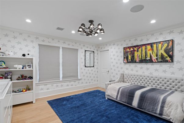Bedroom, Interior, Pendant Lights, Recessed Lighting, Wood Texture Flooring