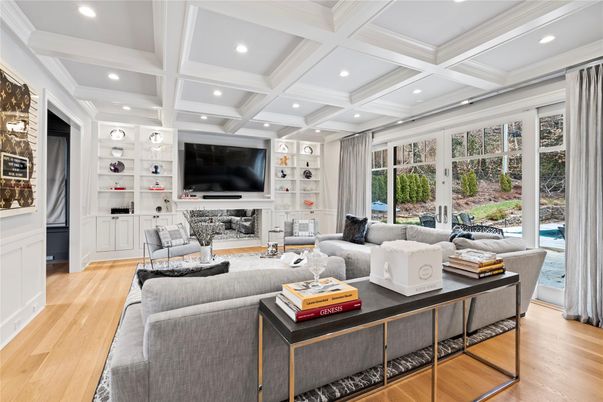 Fireplace, Interior, Living room, Recessed Lighting, Wood Texture Flooring