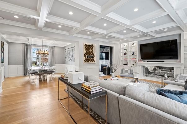 Chandelier, Dining room, Fireplace, Interior, Living room, Recessed Lighting, Wood Texture Flooring