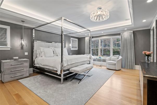 Bedroom, Interior, Pendant Lights, Recessed Lighting, Wood Texture Flooring