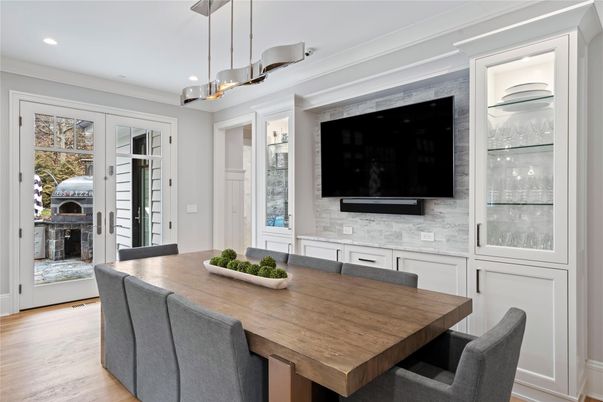 Dining room, Interior, Pendant Lights, Recessed Lighting, Wood Texture Flooring