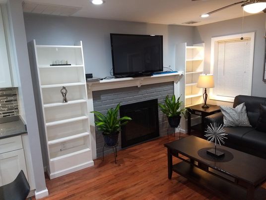 Fireplace, Interior, Living room, Recessed Lighting, Wood Texture Flooring