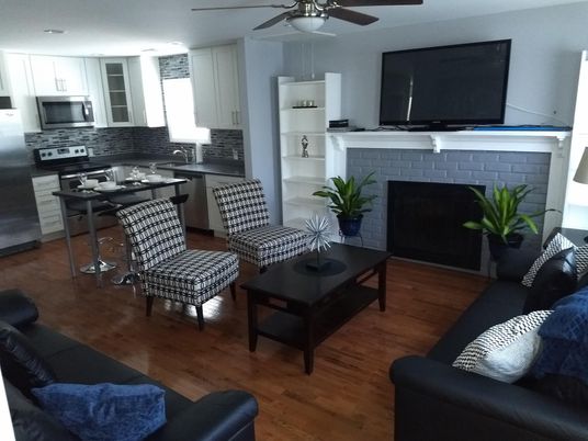 Fireplace, Interior, Kitchen, Living room, Stainless Steel Appliances, Wood Texture Flooring