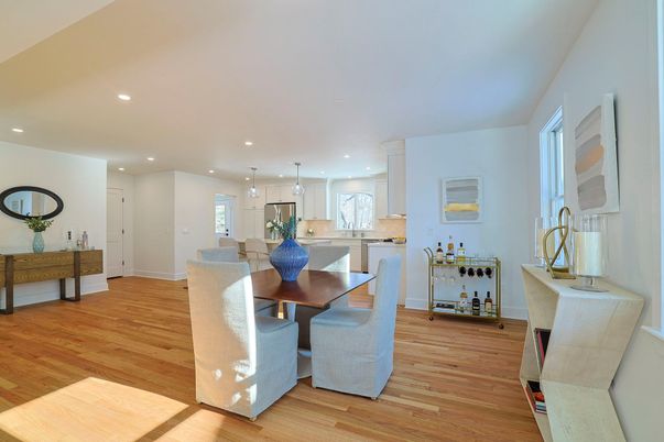 Dining room, Interior, Kitchen, Pendant Lights, Recessed Lighting, Wood Texture Flooring