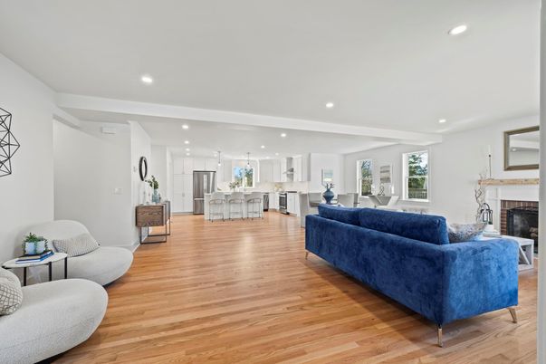 Fireplace, Interior, Kitchen, Living room, Recessed Lighting, Wood Texture Flooring