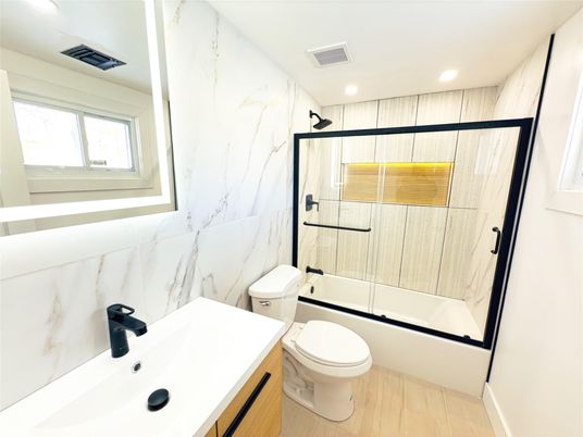Bathroom, Glass Shower, Interior, Marble Walls, Recessed Lighting, Wood Texture Flooring