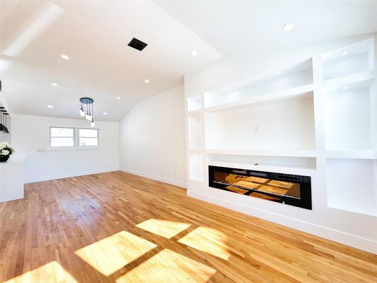 Empty room, Fireplace, Interior, Recessed Lighting, Wood Texture Flooring