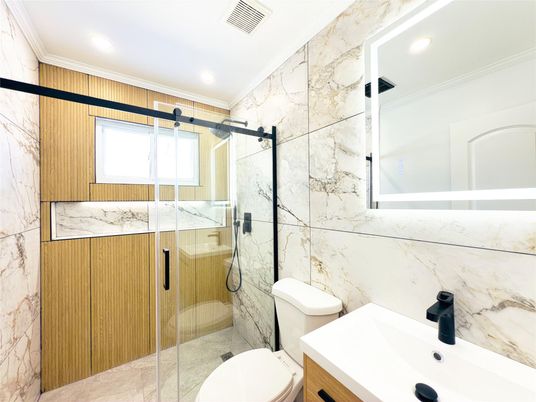 Bathroom, Glass Shower, Interior, Marble Walls, Recessed Lighting