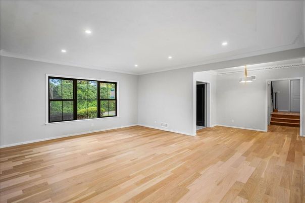 Empty room, Interior, Pendant Lights, Recessed Lighting, Wood Texture Flooring