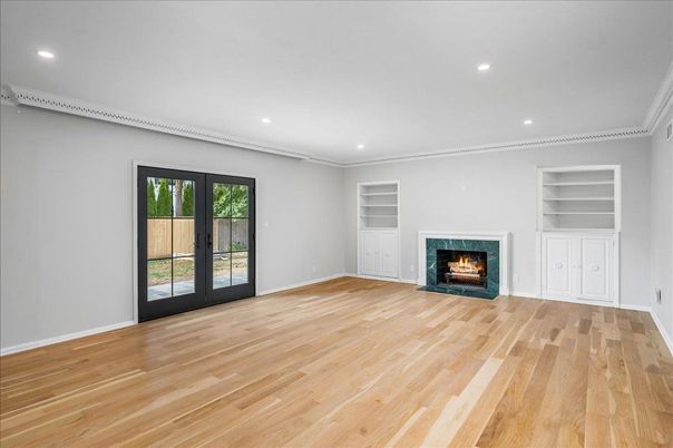 Empty room, Fireplace, Interior, Recessed Lighting, Wood Texture Flooring