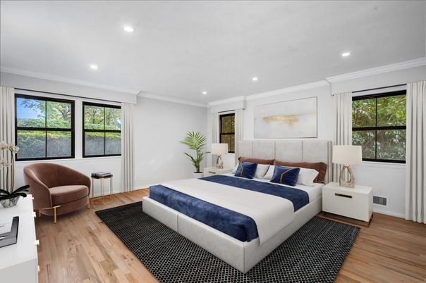 Bedroom, Interior, Recessed Lighting, Wood Texture Flooring