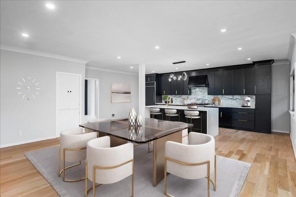 Dining room, Interior, Kitchen, Marble Walls, Pendant Lights, Recessed Lighting, Wood Texture Flooring