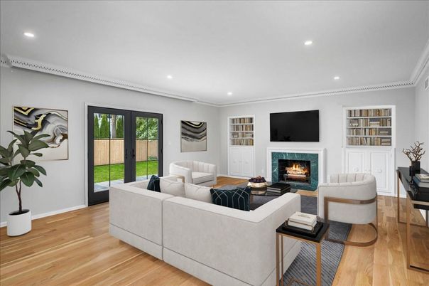 Fireplace, Interior, Living room, Recessed Lighting, Wood Texture Flooring