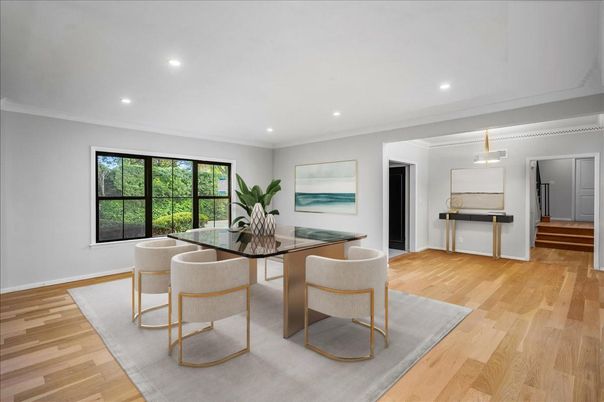 Dining room, Interior, Recessed Lighting, Wood Texture Flooring