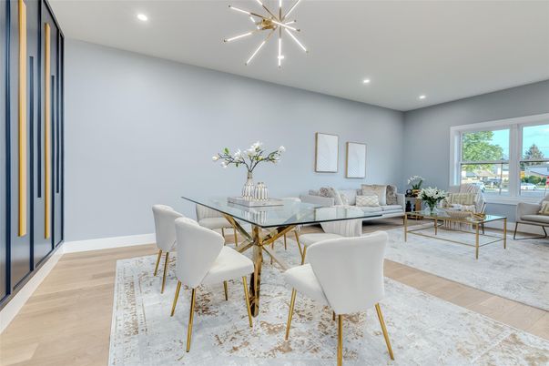 Dining room, Interior, Living room, Pendant Lights, Recessed Lighting, Wood Texture Flooring