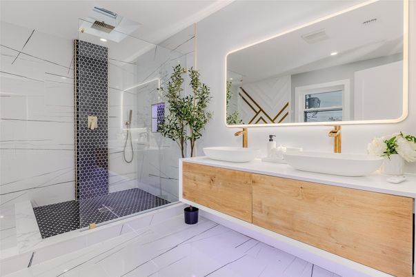 Bathroom, Dual Sink Vanities, Glass Shower, Interior, Recessed Lighting