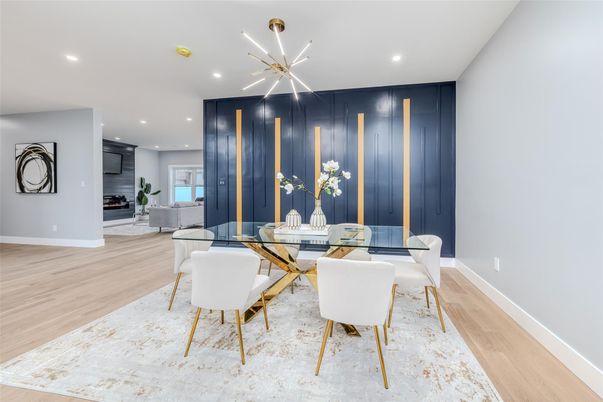 Dining room, Interior, Pendant Lights, Recessed Lighting, Wood Texture Flooring