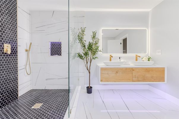 Bathroom, Glass Shower, Interior, Marble Walls